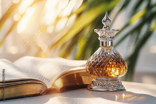 an ornate silver anointing oil applicator next to an open Bible, pages ruffled slightly photo