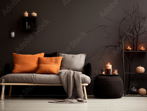 Scandinavian scandi modern minimalist cozy living room interior with fall and halloween decor