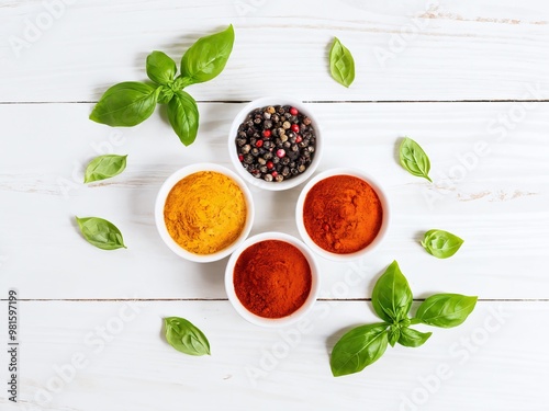 A colorful arrangement of spices and fresh basil on a white wooden background showcasing natural culinary ingredients