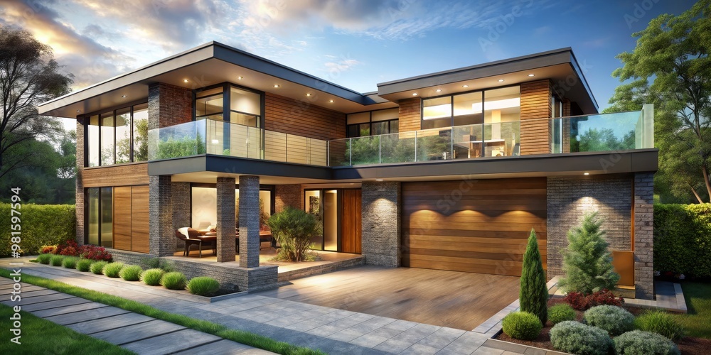 Modern Luxury Home with Stone and Wood Facade, 3D Illustration, Exterior Design, Sunset Lighting, House, Architecture, Design Modern Luxury Home with Stone and Wood Facade, 3D Illustration, Exterior Design, Sunset Lighting, House, Architecture, Design