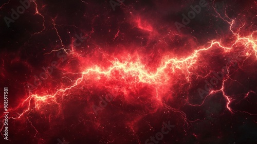 This image features a vivid red lightning bolt stretching across a dark background, radiating energy and power, capturing the raw essence of nature's fury and electric energy in an abstract form.