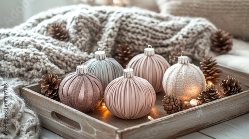 A cozy holiday display featuring pastel minimalist fabric ornaments on a wooden tray with pine cones and a knit blanket adding warmth and charm