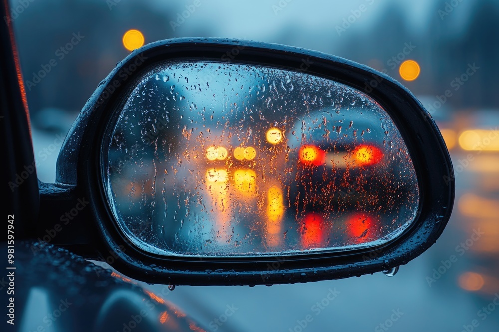 View from Inside Car: Steamy Side Mirror and Condensation on Window View from Inside Car: Steamy Side Mirror and Condensation on Window