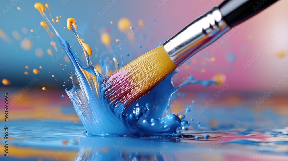 A close-up action shot of a paintbrush creating a dynamic splash of vivid blue and orange paint, embodying creativity, motion, and artistic expression in vibrant colors. A close-up action shot of a paintbrush creating a dynamic splash of vivid blue and orange paint, embodying creativity, motion, and artistic expression in vibrant colors.