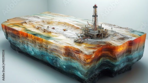 Aerial View of Offshore Oil Rig Platform in Layered Seabed Landscape photo