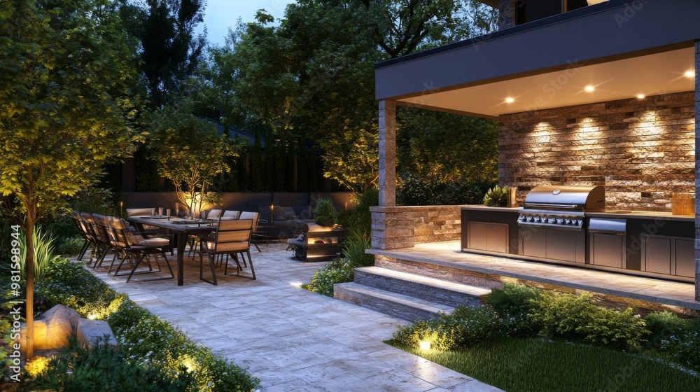 Obraz premium A beautifully designed modern backyard featuring an outdoor kitchen with a grill and a cozy dining area with warm lighting, surrounded by lush greenery and steps.