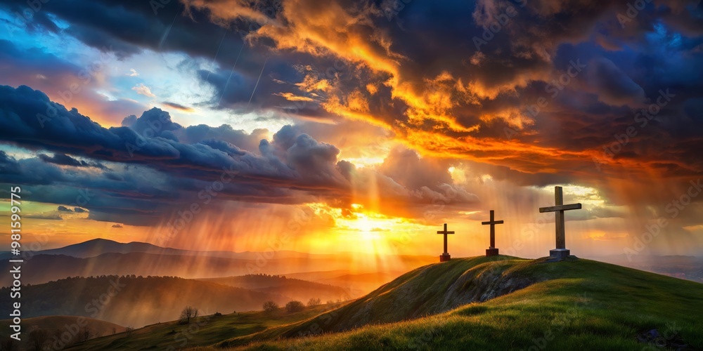 Three Crosses on a Mountaintop at Sunset, Dramatic Sky, Silhouettes, Golden Hour, Cross, Sunset, Mountain Three Crosses on a Mountaintop at Sunset, Dramatic Sky, Silhouettes, Golden Hour, Cross, Sunset, Mountain