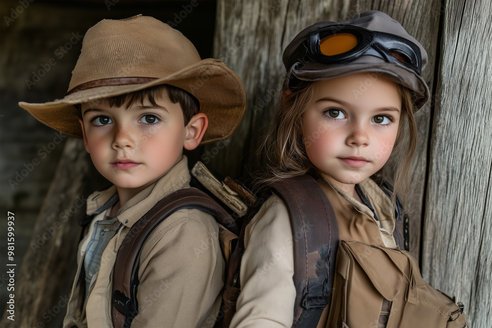 couple of children dressed as explorers