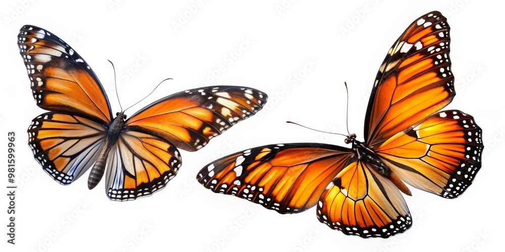 Obraz premium Two Monarch Butterflies in Flight, Close-up, Orange and Black Wings, White Background, Butterfly, Insect, Nature