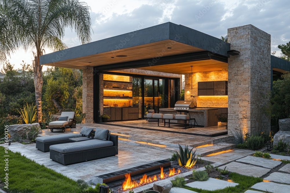 Chic Outdoor Barbecue Setup: Modern Gas Grill, Cozy Lounge Furniture, and Fire Pit at Dusk