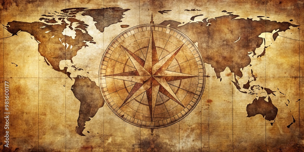 Fototapeta premium Vintage World Map with Compass Rose, Grunge, Treasure, Exploration, Adventure, Navigation, Map