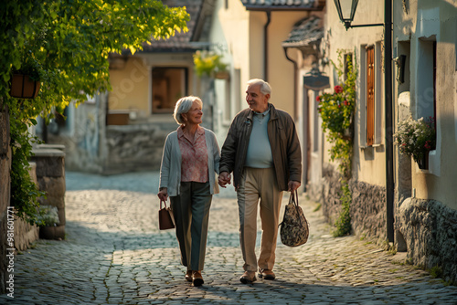 Elderly Couple Relishing Tranquil Retirement Amidst Quaint European Architecture