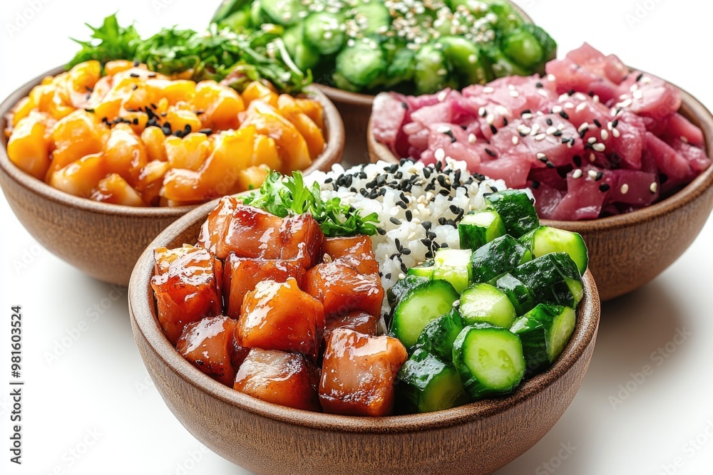 Delicious Take-Out Poke Bowls with Fresh Ingredients Isolated on a Clean White Background Delicious Take-Out Poke Bowls with Fresh Ingredients Isolated on a Clean White Background