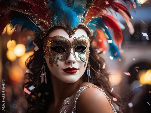 A woman wearing an elaborate feathered mask enjoys a festive celebration in an ornate venue with colorful confetti flying around