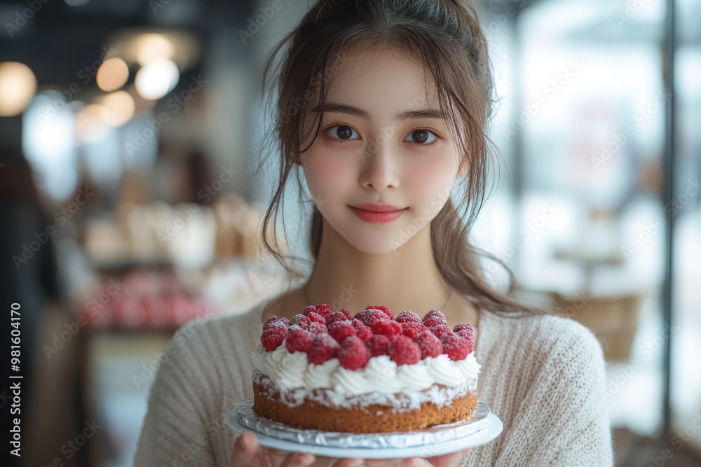 Joyful Teen Japanese Girl Holding Cake, Smiling Against Isolated White Background, Celebratory Mom Joyful Teen Japanese Girl Holding Cake, Smiling Against Isolated White Background, Celebratory Mom