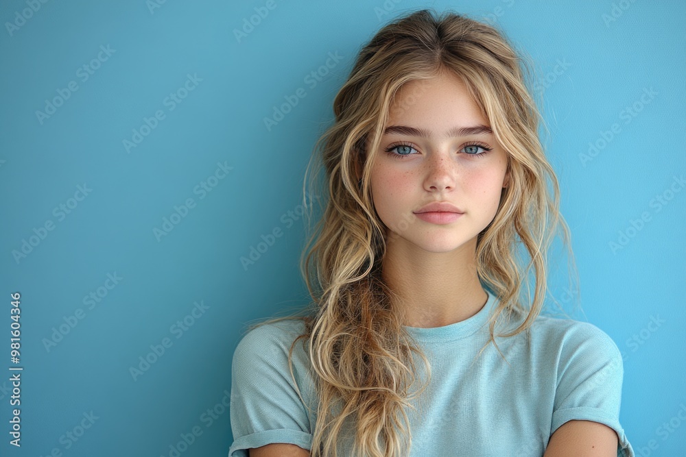Teenage Russian Student in Casual Attire Posed on Blue Background, Viewed from the Back Teenage Russian Student in Casual Attire Posed on Blue Background, Viewed from the Back