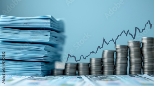 Stack of paper, columns of coins and line graph above them on a table with dollar bills, on a light blue background, partially focused. Money market, savings and finance themes photo