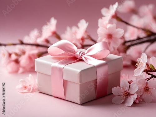A beautifully wrapped gift box with a pink ribbon surrounded by delicate cherry blossom flowers on a pastel pink background
