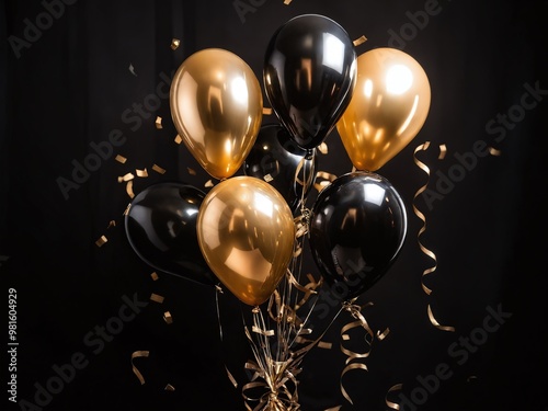 A festive arrangement of gold and black balloons with spirals on a dark background for a celebration or party event photo