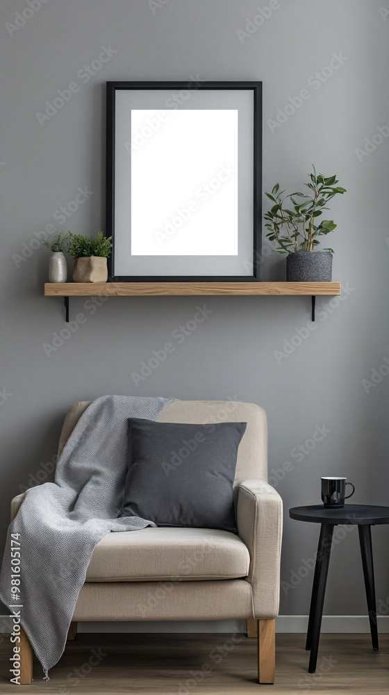 Minimalist, cozy living room corner with modern wooden furniture, armchair, potted plant and decorative empty transparent frame highlighting a calm and neutral-toned interior Minimalist, cozy living room corner with modern wooden furniture, armchair, potted plant and decorative empty transparent frame highlighting a calm and neutral-toned interior