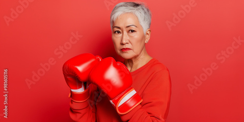 Mature Asian woman wearing red boxing gloves and training as a boxer photo