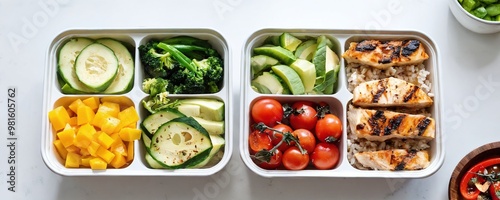 Healthy meal prep featuring grilled chicken with fresh vegetables and fruits in divided containers for balanced nutrition