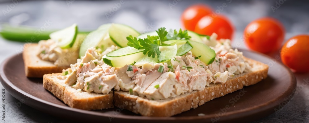 Freshly prepared open-faced sandwich with creamy chicken salad, cucumbers, and garnish on a wooden plate with tomatoes nearby Freshly prepared open-faced sandwich with creamy chicken salad, cucumbers, and garnish on a wooden plate with tomatoes nearby