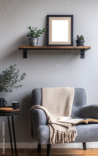 Minimalist, cozy living room corner with modern wooden furniture, armchair, potted plant and decorative empty transparent frame highlighting a calm and neutral-toned interior  photo