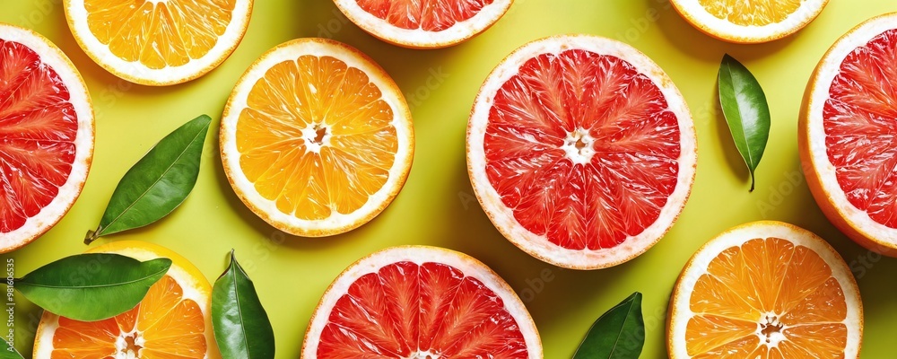 Freshly sliced oranges and blood oranges arranged on a vibrant yellow surface with green leaves for a lively culinary display Freshly sliced oranges and blood oranges arranged on a vibrant yellow surface with green leaves for a lively culinary display