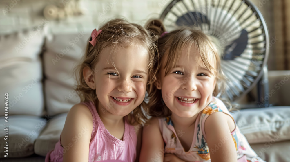 Two smiling little girls on a sofa facing a fan Two smiling little girls on a sofa facing a fan