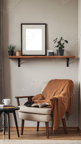 Minimalist, cozy living room corner with modern wooden furniture, armchair, potted plant and decorative empty transparent frame highlighting a calm and neutral-toned interior  photo