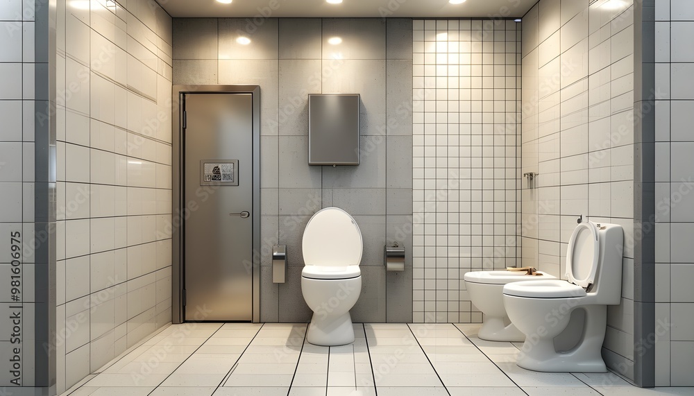 Hygienic public restroom featuring a pristine white toilet within a ...