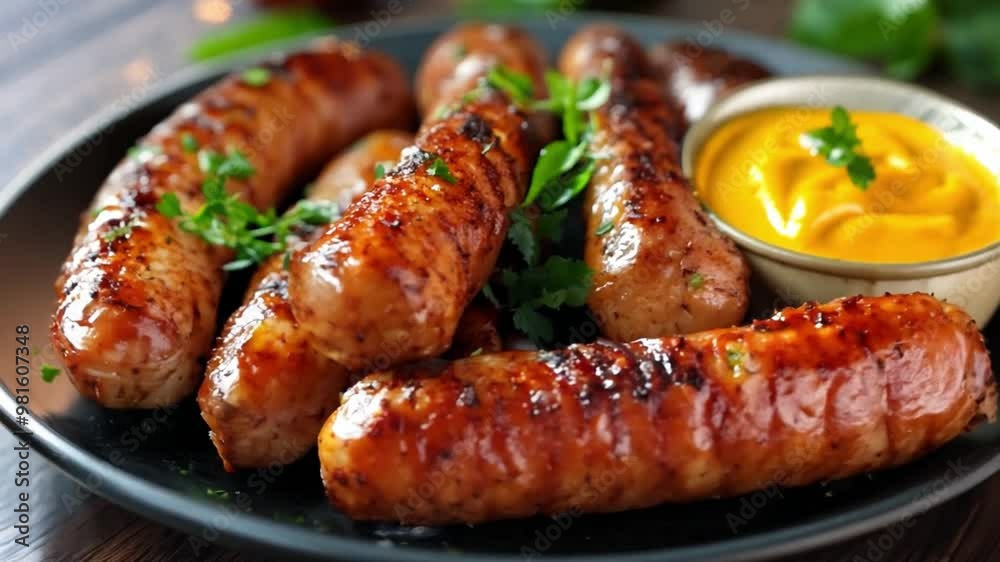 This Juicy, grilled sausages beautifully plated with mustard and garnished with herbs, ready to enjoy. This Juicy, grilled sausages beautifully plated with mustard and garnished with herbs, ready to enjoy.