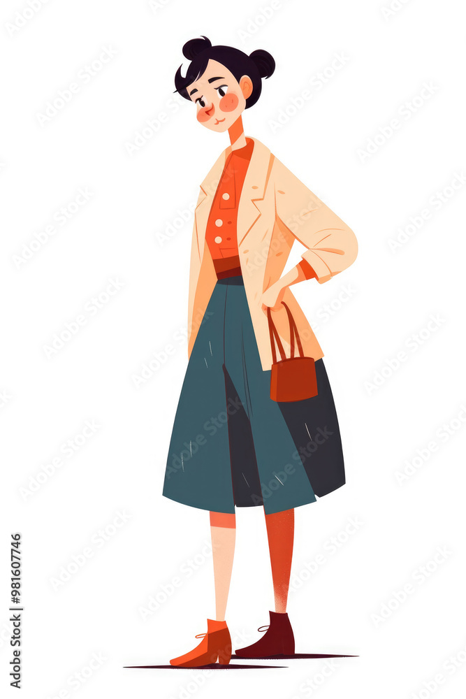This fashionable woman showcases a chic look, featuring a beige blazer, red shirt, and a teal skirt, along with trendy ankle boots This fashionable woman showcases a chic look, featuring a beige blazer, red shirt, and a teal skirt, along with trendy ankle boots
