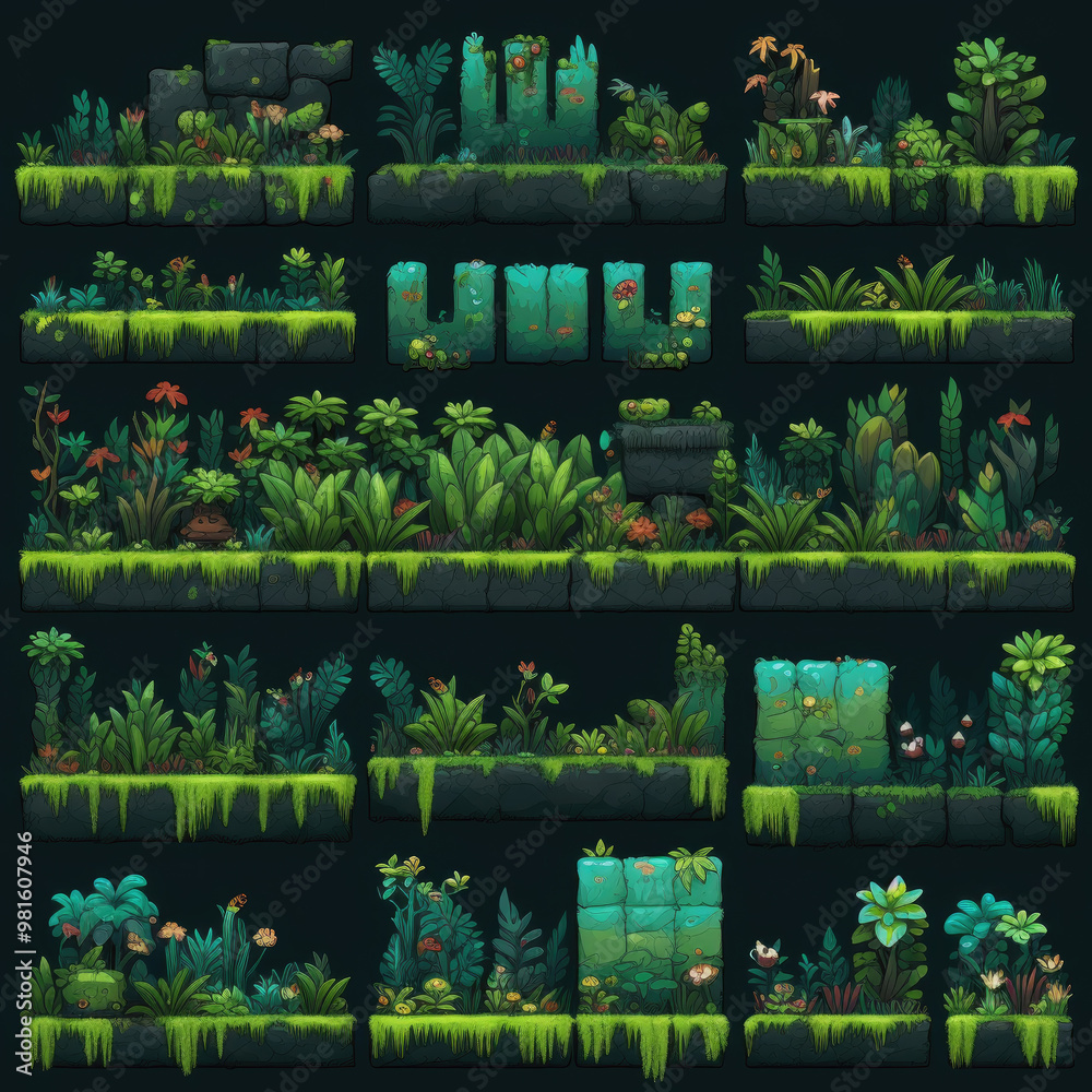 Obraz premium Lush greenery and diverse plant life are arranged in detailed game level designs, creating immersive backdrops for gameplay