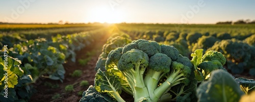 Freshly harvested broccoli in a vibrant field during sunrise in rural countryside landscape