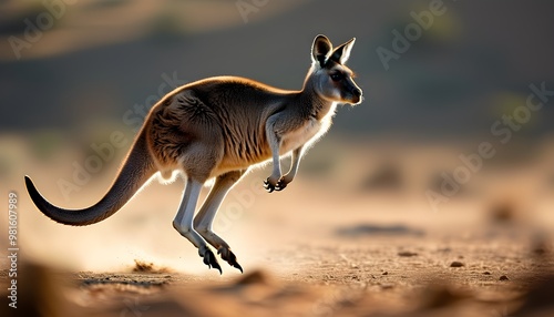 Kangaroo in Motion Through Arid Landscape, Capturing the Essence of Australian Wildlife and Desert Ecosystem