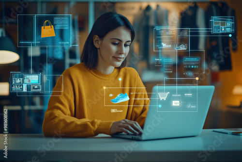 A Realistic Image Of A Shopping Online. The Person Is Sitting At His Desk, In Front Of His Laptop, Browsing A Shoe Web Site With Several Advertisement Squared Windows Showing Different Clothes.