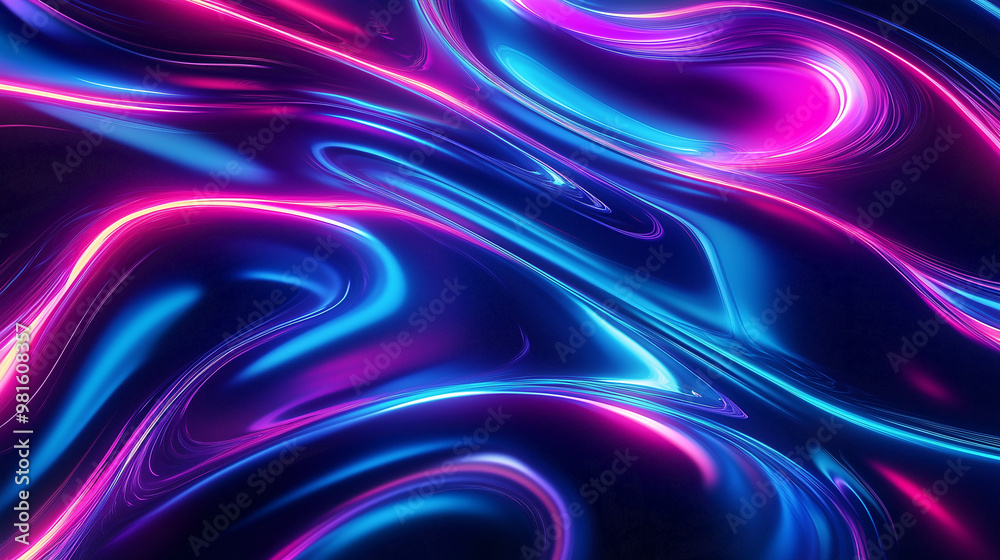 Futuristic swirling neon waves in blue and pink, glowing fluid motion on dark background Futuristic swirling neon waves in blue and pink, glowing fluid motion on dark background