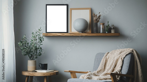 Minimalist, cozy living room corner with modern wooden furniture, armchair, potted plant and decorative empty transparent frame highlighting a calm and neutral-toned interior  photo