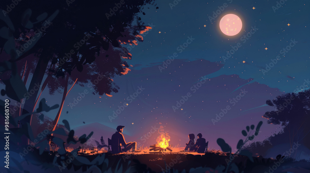 Fototapeta premium A group of friends gathers around a warm campfire, surrounded by trees, under a bright moon and shimmering stars on a clear night