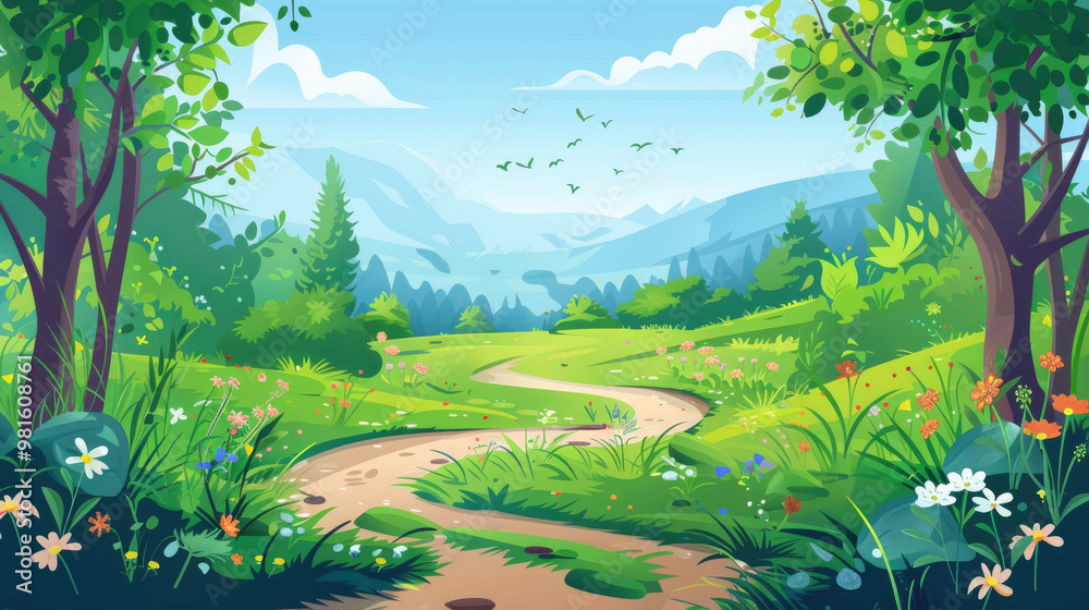 Fototapeta premium A bright and inviting landscape features a winding path through a lush forest valley adorned with colorful wildflowers and a clear blue sky
