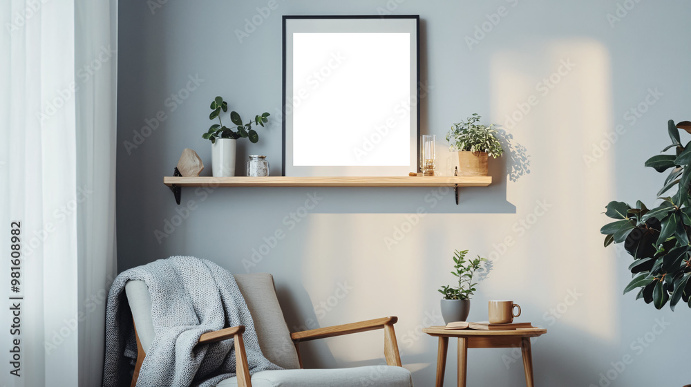 Fototapeta premium Minimalist, cozy living room corner with modern wooden furniture, armchair, potted plant and decorative empty transparent frame highlighting a calm and neutral-toned interior 