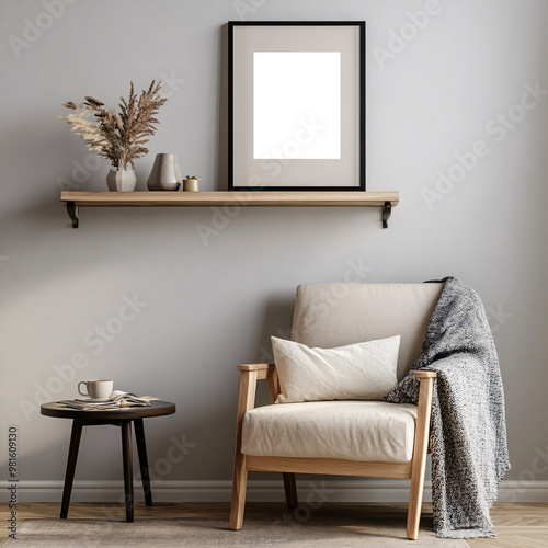 Minimalist, cozy living room corner with modern wooden furniture, armchair, potted plant and decorative empty transparent frame highlighting a calm and neutral-toned interior  photo