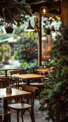 Christmas-Themed Café with a Festive Pine Tree