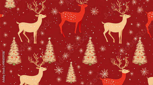 A festive red pattern with reindeer and Christmas trees, perfect for the holiday season.