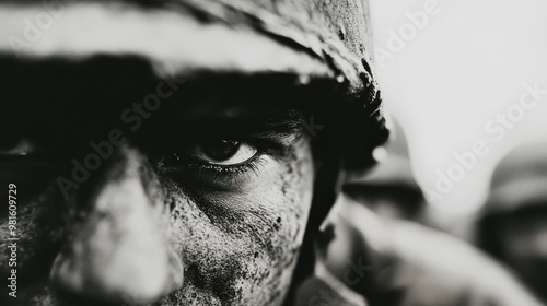 A monochrome image of a soldier in a helmet with a blurred background, representing the timeless struggle, sacrifice, and introspection of military life. photo