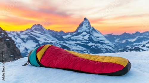 Vibrant sleeping bag on a snowy mountain peak, with dramatic sunrise in the background, extreme adventure theme photo