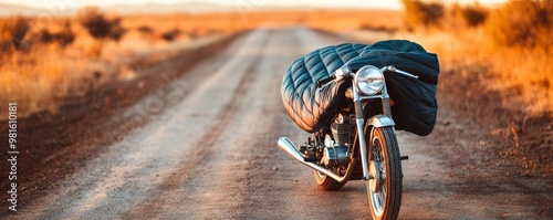 Vintage sleeping bag draped over a retro motorcycle parked on a dusty road, sleeping bag, motorcycle road trip