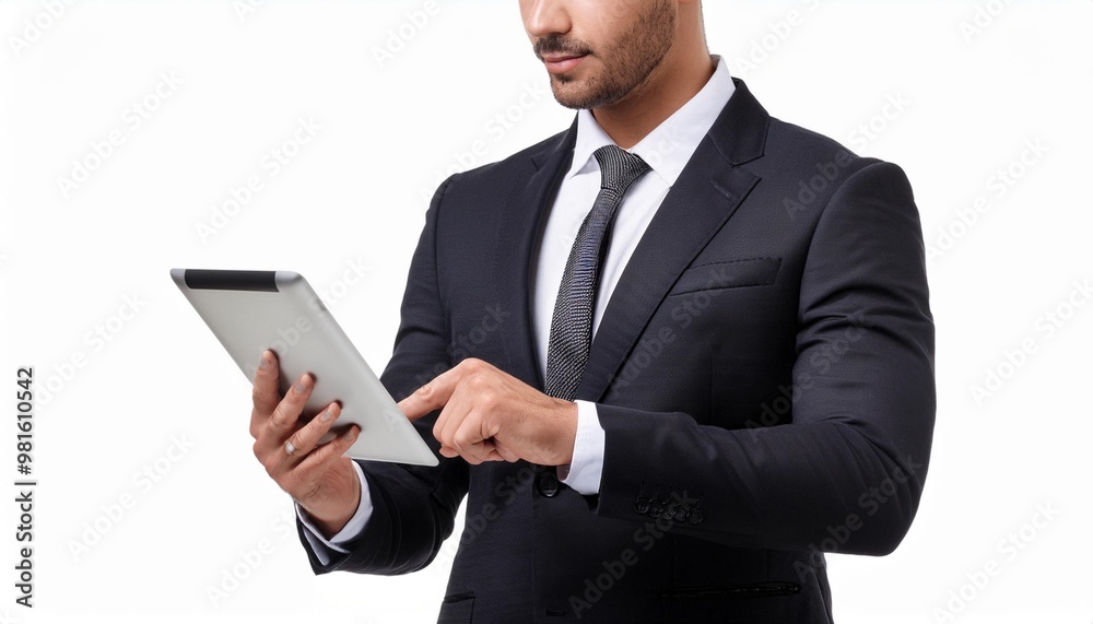 Businessman Using a Tablet for Work Isolated on White Background, Clipping Path, Full Depth of Field Businessman Using a Tablet for Work Isolated on White Background, Clipping Path, Full Depth of Field